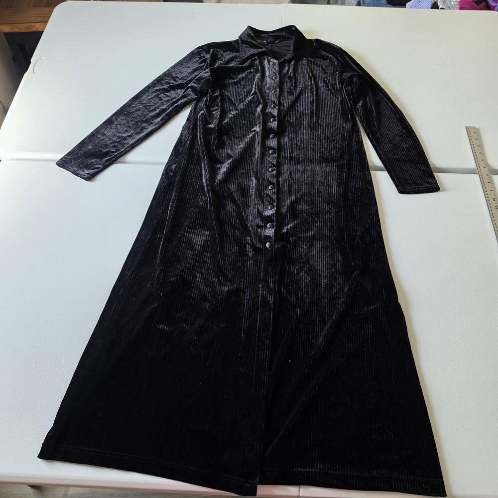 Y2K Liz Claiborne Shirt Dress Large Black Velvet Maxi Long Sleeve Whimsigoth - Picture 1 of 8